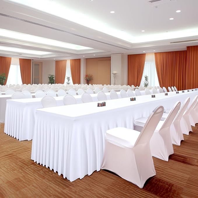 1 Pack White Tableclothes for 6 Foot Rectangle Tables, Wrinkle Resistant Fitted Table Cloth Stretch Spandex Table Covers with Skirt for Event Banquet Wedding Birthday Party