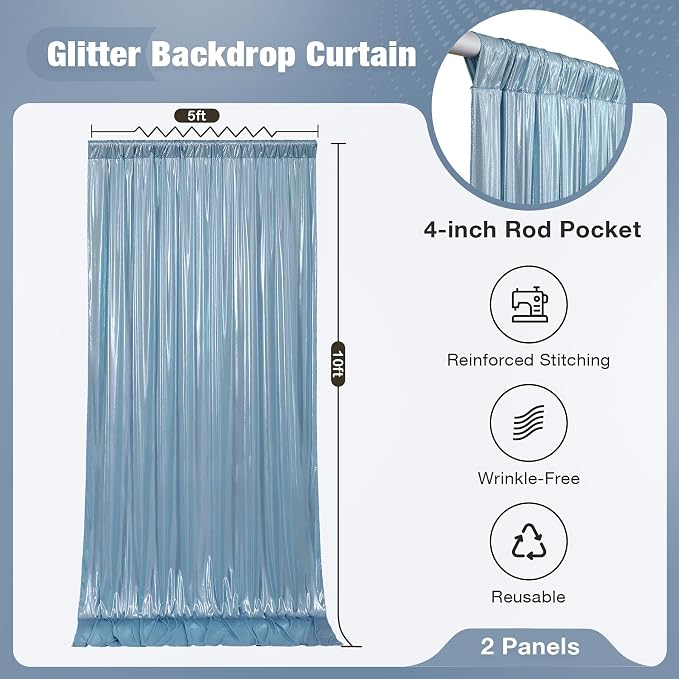 10x10FT Baby Blue Sequin Backdrop Curtain for Party - 2 Panels 5x10FT Wrinkle-Free Shimmer Drapes for Birthday, Wedding, Christmas, Decorations & Photography