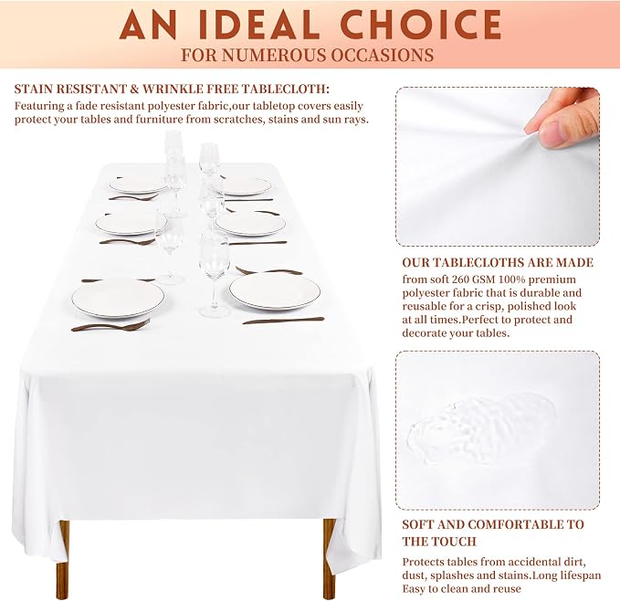 Showgeous 4 Pack White Rectangle Tablecloth, 60 x 102 Inch, Wrinkle Resistant Polyester Table Cover for Wedding, Dining, Parties & Camping