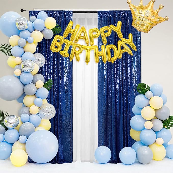 PartyDelight Navy Blue Sequin Backdrop Curtains 2x8ft 2 Panels | 3mm stitched sequin curtain with 4 inch rod pocket for 2x8ft 2 panel doorway window side drape narrow photo booth strip