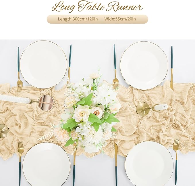20 Pack Ivory Cheesecloth Table Runner 120 Inch 10FT Rustic Boho Gauze Cheese Cloth Table Runner for Wedding Party Baby Shower Thanksgiving Christmas Decoration