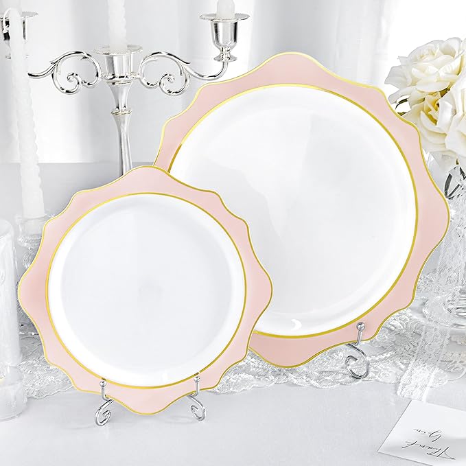 realluck 100 PCS White and Pink Disposable Plates for 50 Guests, Scalloped Plastic Plates Include 50 Dinner Plates and 50 Dessert Plates for Party, Wedding and Graduation