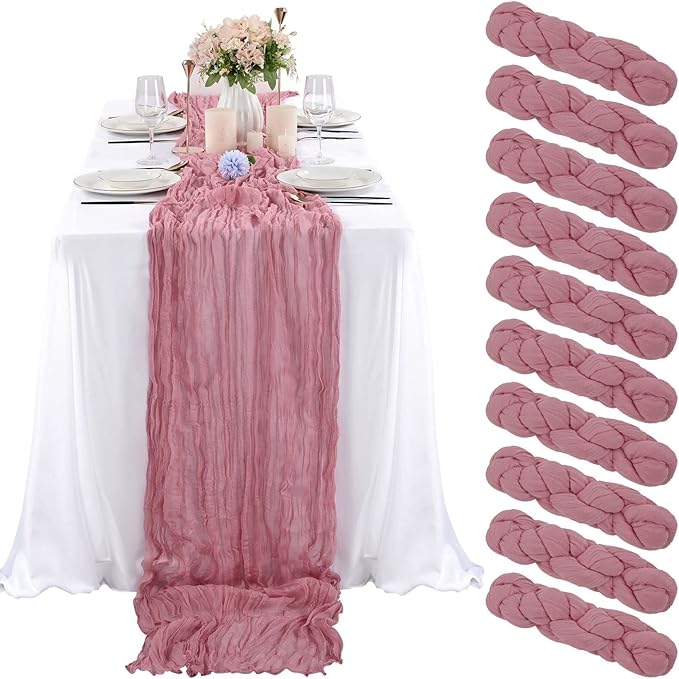 10 Pcs Dusty Rose Cheesecloth Table Runner 10FT, Gauze Table Runner for Wedding Reception Sheer Bridal Shower Birthday Party Boho Table Decoration, Rustic Romantic Wedding Runner