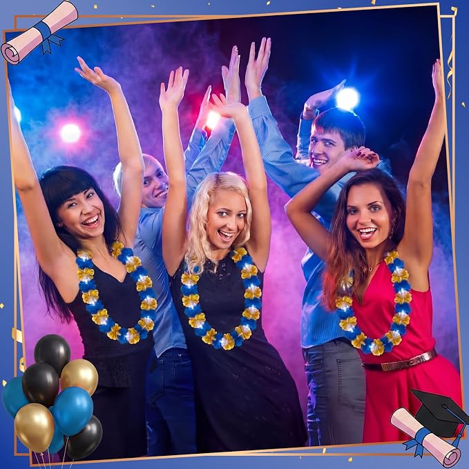 Sherr 48 Pcs Graduation LED Hawaiian Leis Class of 2026 Light Up Flower Leis Necklace with LED Lights Gold Blue Luau Flowers Necklaces for Graduation Party Decoration Supplies