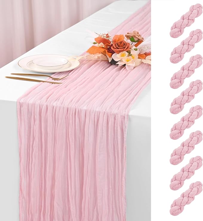 8 Pack Light Pink Cheesecloth Table Runner 120 Inch 10FT Spring Boho Rustic Sheer Gauze Cheese Cloth Table Runner for Wedding Baby Shower Birthday Party Table Decor