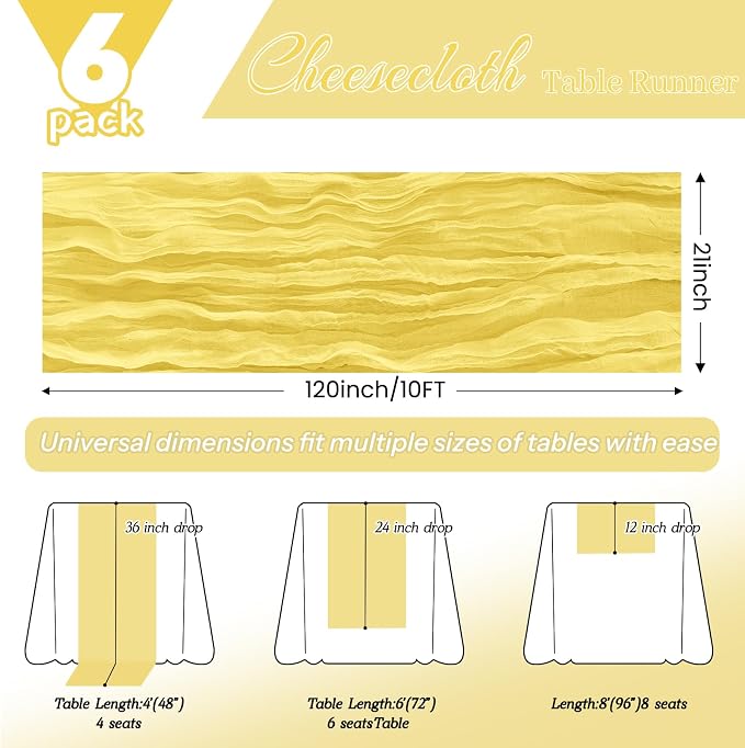 6 Pack Light Yellow Cheesecloth Table Runner 21x120 Inches, Boho Gauze Rustic Semi Sheer Cheese Cloth Table Runners for Easter Wedding Bridal Baby Shower, Birthday Party, Long Farmhouse Table Decor