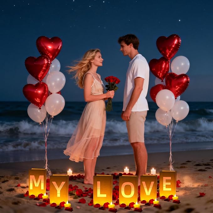 MY LOVE Light Up Letters, with Tea Lights Candles, Rose Petals, Pearlescent Foil Balloons - Luminary Paper Bags, Anniversary Decorations and Valentines' Day Decorations for Your Loved One