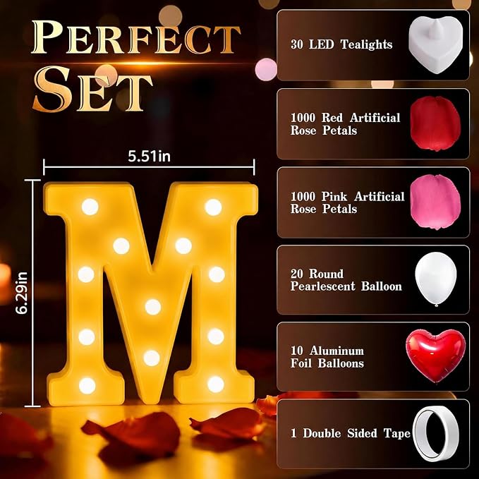 MY LOVE Light up Letters, Include Tea Lights Candles, Latex Balloons, Aluminum Balloons and Rose Petals, Special Festival, Surprise Gifts for Women and Men