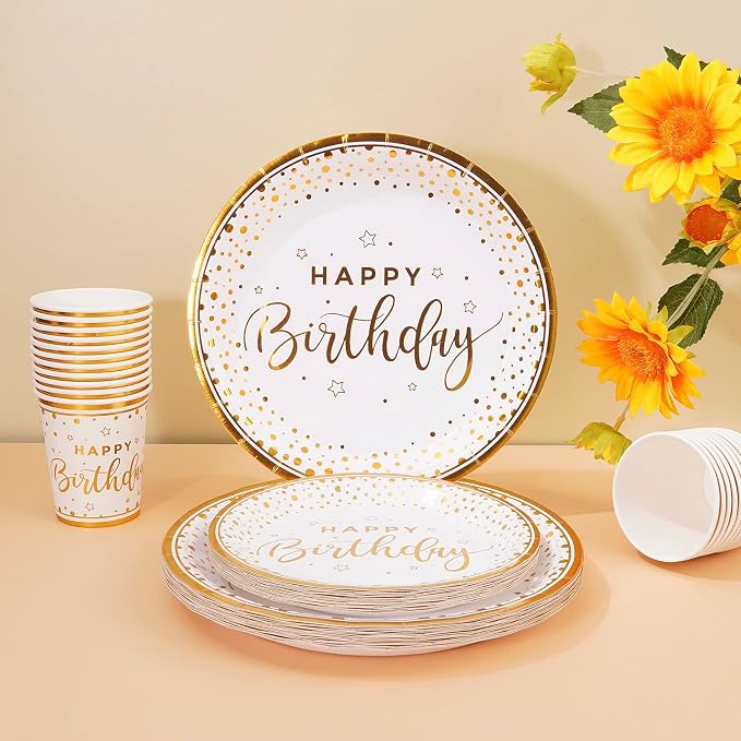 175PCS Happy Birthday Plates and Napkins Party Supplies, Gold Dot Paper Plates and Napkins with Gold Plastic Forks Knives Spoons Serve 25 Guests for Birthday Party Decorations