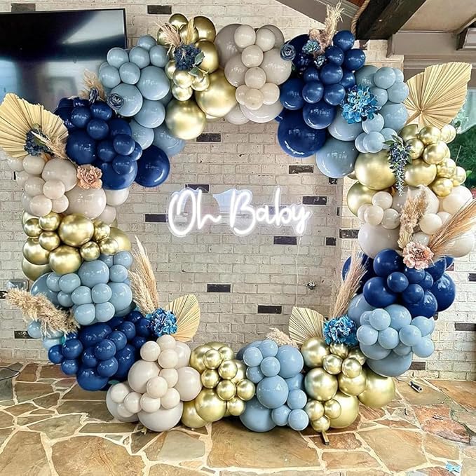 Navy Blue Balloon Garland Double Stuffed Dusty Blue Gold White Sand Balloons Beige Cream Metallic Latex Arch Kit for Neutral Baby Shower Birthday Gender Reveal Father's Day Graduation Party Decoration