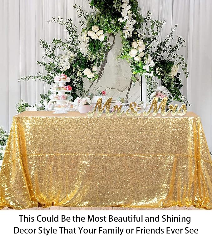ShiDianYi Gold Sequin Tablecloth 90x156-Inch Rectangle Table Cloth for 8FT Tables Rectangular Golden Tablecloths for Parties Sequins Fabric Overlay Wedding Holiday Decor