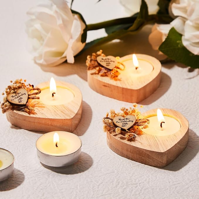 24 Pcs Wedding Candles Favors Rustic Wood Heart Candle Holders Bridal Shower Thank You Gifts for Guest Anniversary,Engagement Party Favors Decor (Natural Color)