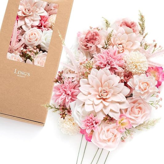 Ling's moment Fake Flowers Box, Faux Artificial Greenery Stems Foam Roses Dahlia Gardenia Silk Waxflower Fabic Flower for Centerpieces Bouquet Wedding Vase Decorations, Pink & Pale Pink, Deluxe Combo