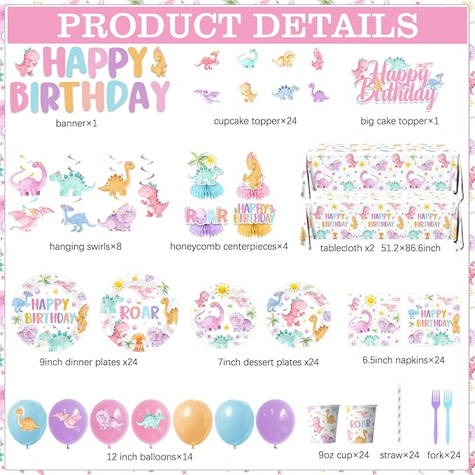 Pink Dinosaur Birthday Decorations for Girls, Pastel Dinosaur Party Decorations with Banner,Plates,Napkins,Cups,Tablecloth,Balloons,Cake Topper for Dino Themed Party Supplies, Serve 24