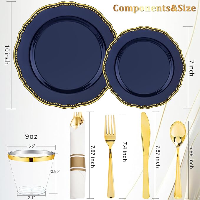 Hioasis 175pcs Blue Gold Plastic Plates - Gold Plastic Dinnerware Set Includes 25 Dinner Plates, 25 Dessert Dinnerware, 25 Cups, 25 Napkins Perfect for Wedding & Party