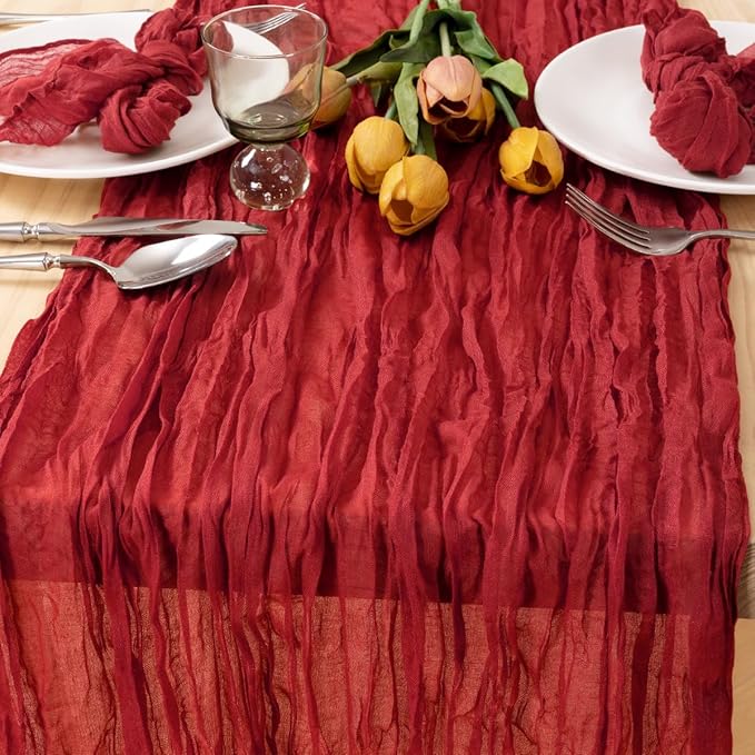 MLMC Red Table Runner 10ft Boho Gauze Cheesecloth Table Runner Rustic Cheese Cloth Decor 35x120 Inches for Wedding Reception Annniversary Home Decor