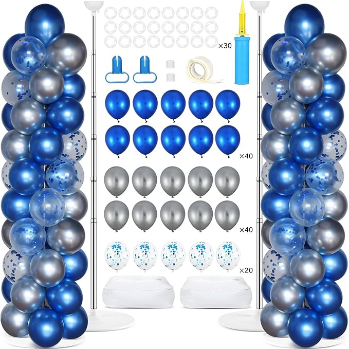 2 Sets Navy Blue and Silver Balloon Column Stand Kit with 100 Balloons Adjustable Balloon Tower Stand with Bases for Floor Confetti Balloon Column Kit for Graduation Birthday Appreciation Party Decor