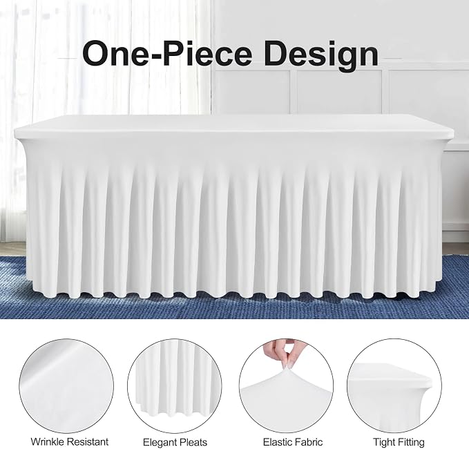 BDDC One-Piece Spandex Table Cover Skirt for 4FT Rectangle Tables | GRS-Certified Eco-Friendly Fabric, Elastic Fitted Ruffle Tablecloth, Washable, For Banquets, Weddings & Parties
