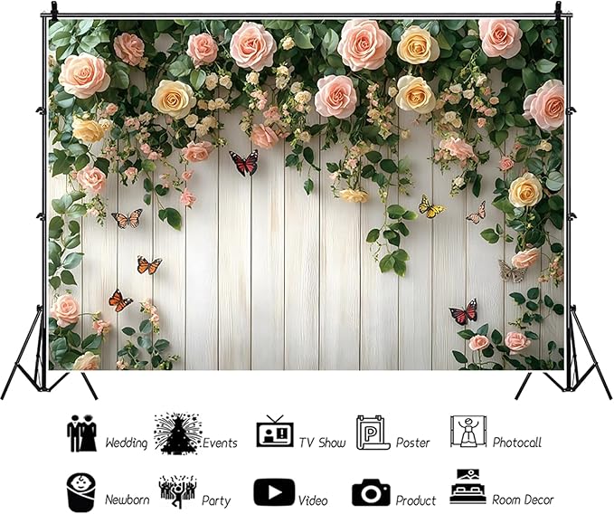 Baocicco 12x8ft Wooden Flower Backdrops for Photography Spring Botanical Green Leaf Butterfly Farmhouse Background for Engagement Bridal Shower Baby Shower Birthday Wedding Party Decoration Supplies