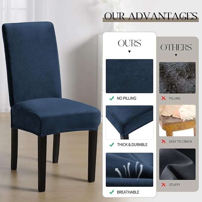 MOSAYT Velvet Stretch Chair Covers for Dining Room Set of 6 - Soft Slipcovers with Thick Removable Fabric for Parsons Chairs, Washable Seat Protectors for Kitchen, Banquet & Home Decor, Navy Blue