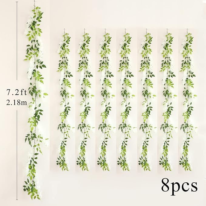 Wisteria Artificial Flowers Garland, 8Pcs Total 57.6ft Silk Faux Wisteria Vine Kit, Hanging Flower Plant for House Outdoor Garden Ceremony Outside Wedding Arch Floral Decor (8, White)