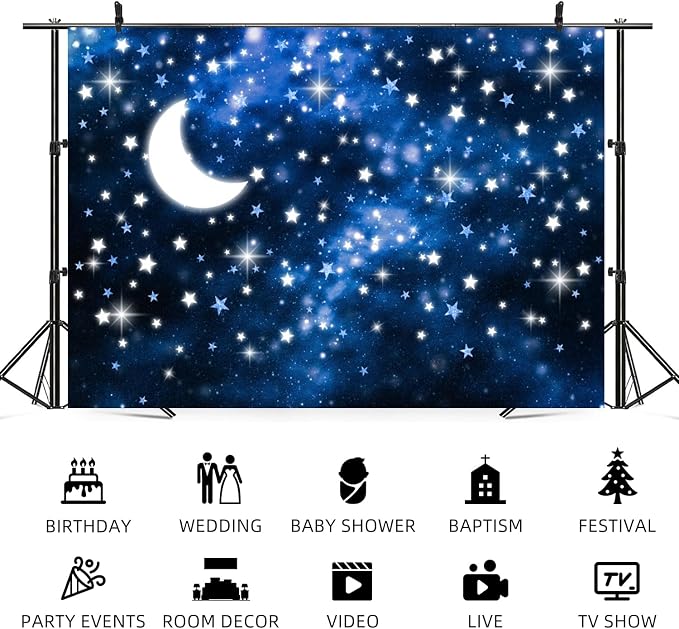 7x5ft Starry Night Backdrop Galaxy Night Sky Photography Background Moon Starlight Twinkle Twinkle Little Star Baby Shower Birthday Decorations Newborn Baby Portrait Photo Booth Prop