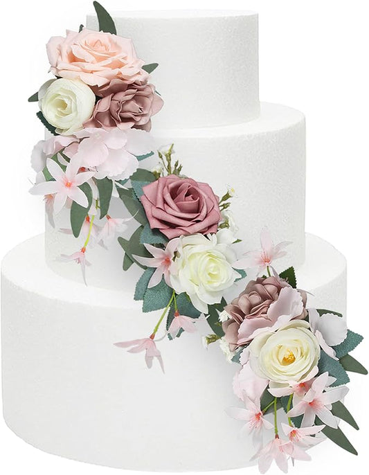 Rinlong 3Pcs Pre-made Cake Flowers Dusty Pink Cake Decorations Wedding Cake Decorating Flowers Decor Birthday Baptism Party Artificial Flowers Cake Toppers