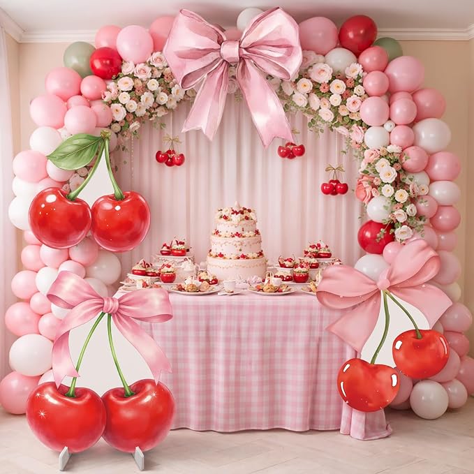 4 Pcs Cherry on Top Baby Shower Decorations, Large Pink Bow Cardboard Cutouts, Sweet Cherry Birthday Decorations Standups for Photo Booth Props & Birthday Party Decor