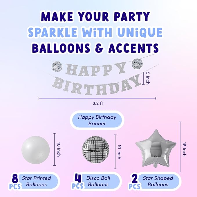ecoZen Disco Birthday Decorations Set - Sparkly Themed Supplies with Disco Ball Decor, Iridescent Balloons, Tableware, Flatware, Cupcake Liners, Table Cover, Happy Birthday Banner, Party Favor Bags