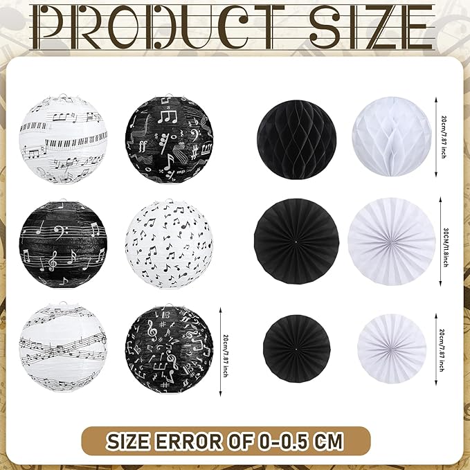 Baquler 18 Pcs Music Party Decoration Hanging Paper Lantern Music Notes Fans Black and White Honeycomb Ball for Rock Roll Concert 50's Theme Party Ceiling Decor Supplies
