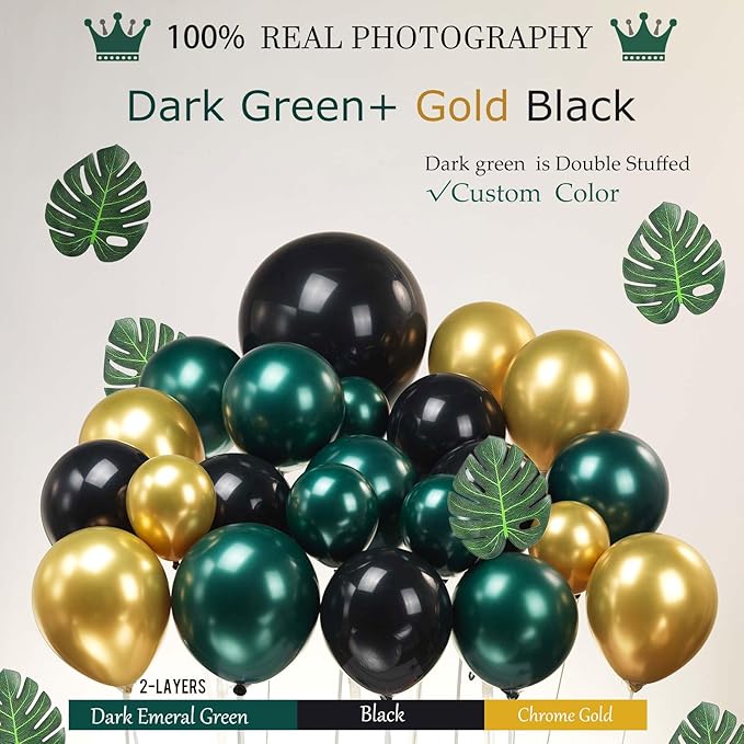 Emerald Green and gold black Balloon Garland Arch Kit Luxury Double Stuffed Dark Green Teal With Palm leaves for Summer luau hawaiian Aloha Jungle Birthday Decorations