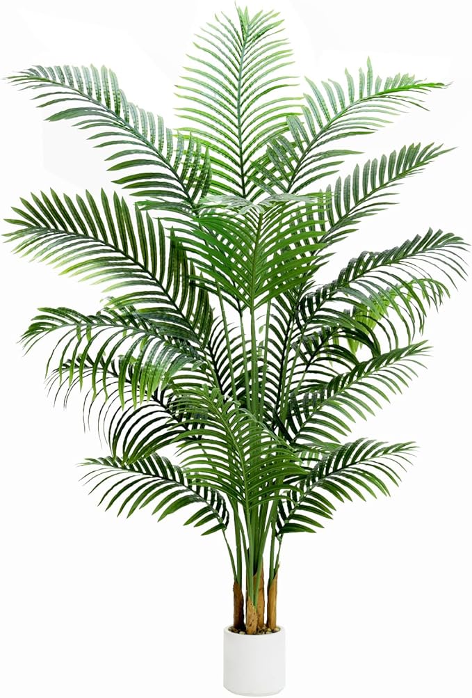 Artificial Palm Tree 7FT Faux Plants Indoor Tropical Fake Palm Tree Areca Floor Plant in White Pot with 18 Trunks & Real Bark Design, Faux Palm Plant for Outdoor Patio Home Room Office Decor