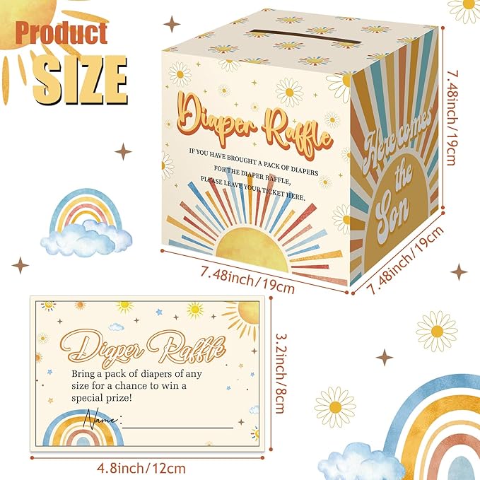 Teling 51 Pieces Diaper Raffle Tickets with Card Box Baby Shower Decorations Baby Shower Holder Box for Girl Boy Diaper Raffle Party(Here Comes the Son)