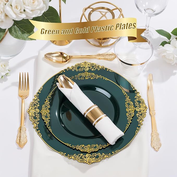 Nervure 100Pcs Green and Gold Plastic Plates - 7.5inch Green Disposable Plates - Heavyweight Gold Plastic Plate - Dessert Plate for Wedding & Party
