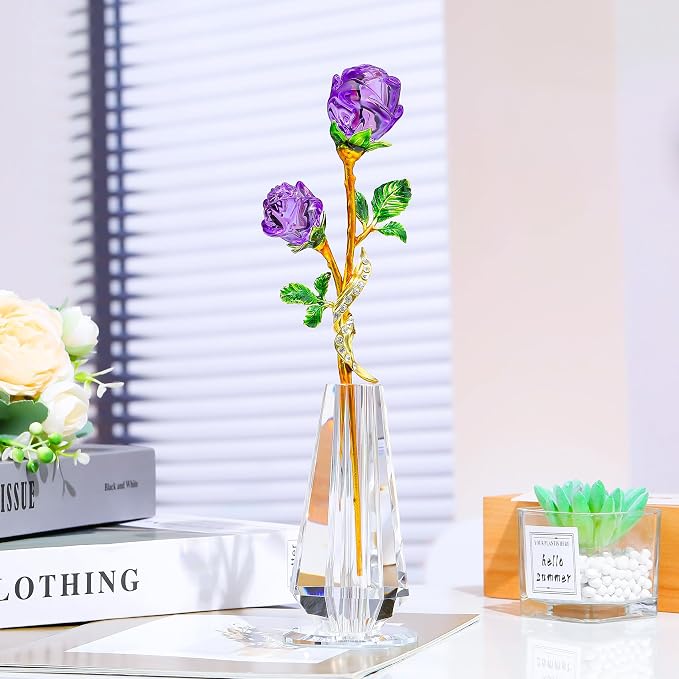 YWHL Handmade Purple Rose Flower Crystal Figurine with Vase, Bouquet Glass Flowers Ornament Rose Gifts for Wife Women, Crystal Flower Home Table Decor for Anniversary Mother's Day Wedding