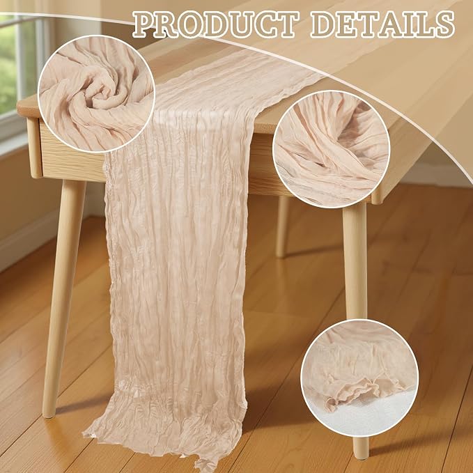 16 Pack Cheesecloth Table Runners 20" x 120", Boho Gauze Table Decor for Wedding, Bridal Shower, Birthday Party, Long Romantic Runner(Beige)