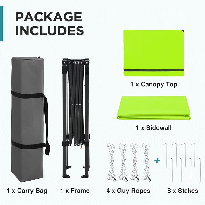 EAGLE PEAK 6x4 Instant Pop Up Canopy Tent with 1 Side Wall Panel, Straight Leg Sun Shelter, Portable Canopy with Carry Bag for Camping, Beach & Sports, Neon Green