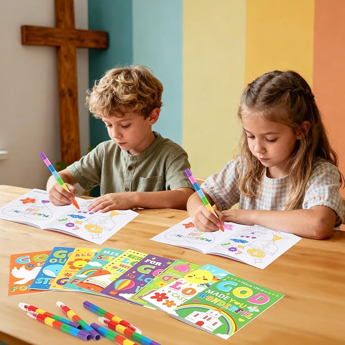 BenLouis 24 Bible Verses Mini Coloring Books Kids with 24 Stacking Crayons Christian Party Favors Activity Books Bulk for Kids Sunday School Religious Church Goodie Bag Gift Stuffer Classroom Reward
