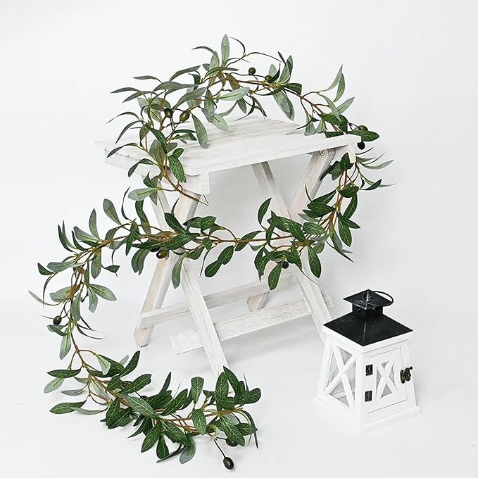 4 Pack Artificial Olive Garland 6.2 Long Faux Silk Leaf Olive Leaves Vines Greenery Garland with Fruit Spring Summer All Season for Wedding Arch Indoor Outdoor Wall Decoration
