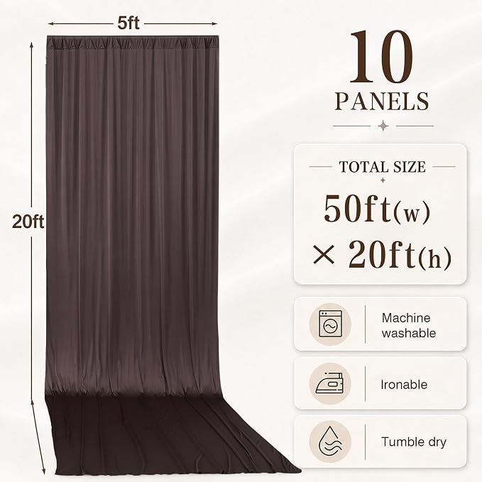 10 Panels 5x20ft Brown Ceiling Drapes for Wedding Parties, Wrinkle Free Thick Polyester 20ft Extra Long Wedding Draping Brown Ceiling Curtains Arch Drapery for Birthday Party Canopy Tent Decor
