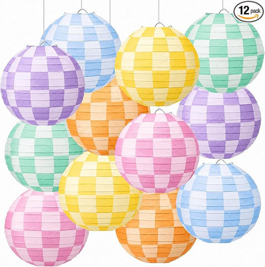 Retisee 12 Pcs Gingham Paper Lanterns Colorful Hanging Decorations 8 Inch Rainbow Checkerboard Ceiling Lanterns Back to School Classroom Decor for Birthday Party First Day of School Kindergarten