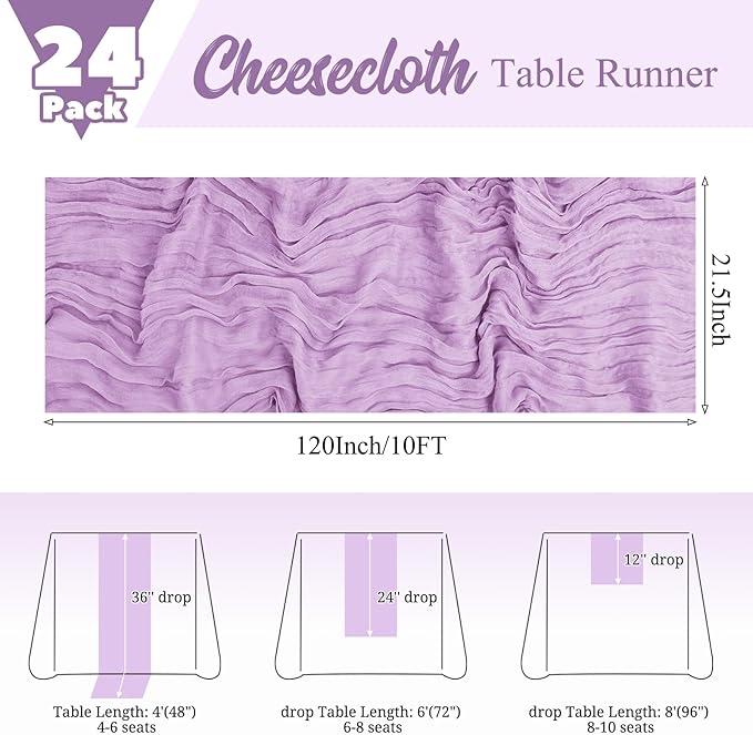 24 Pack Lavender Table Runner 10Ft Cheesecloth Table Runner Rustic Gauze Table Runners Romantic Long Sheer Fabric Cheese Cloth Table Runners for Wedding Party Bridal Baby Shower