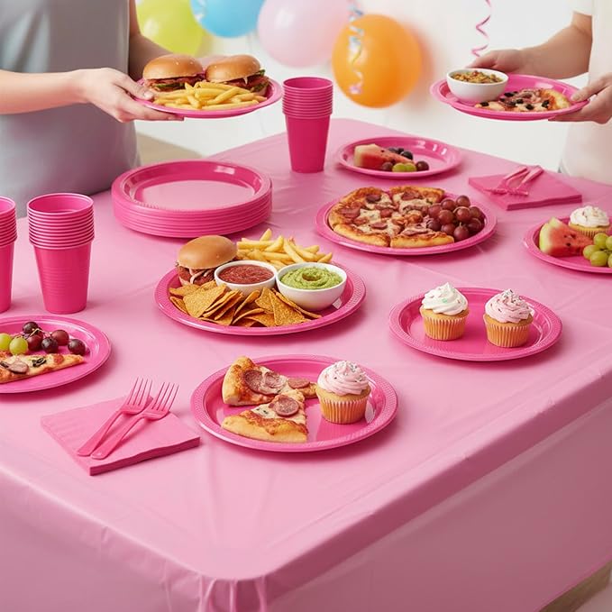 Hot Pink Plastic Plates for Party,30 Guest Disposable Plastic Plate Set 9" Plates,7" Dessert Plates,Napkins,12 oz Cups,Forks & Tablecloth for Girls Women,Summer Party,Birthday