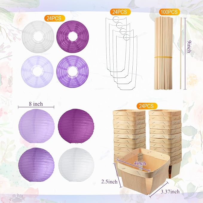 Namalu 24 Set Hot Air Balloon Table Centerpieces Baby Shower Party Decoration Paper Lanterns with Wooden Basket Sticks for Summer Birthday School DIY Craft(White, Purple Series)