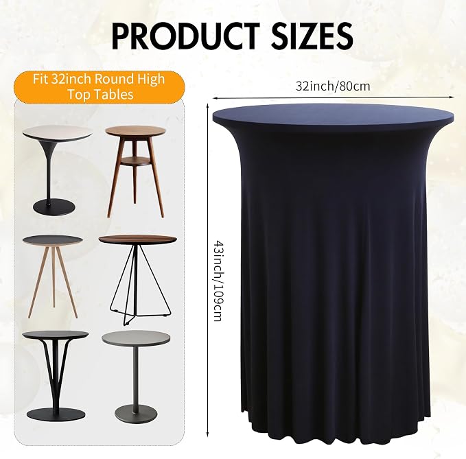 2 pk Navy Blue Cocktail Table Cloth Round 32×43in-High Top Highboy Bar Cocktail Tablecloths-Wrinkle Free Stretchy Fitted Spandex Table Covers with Ruffle Desk Skirt for Wedding Banquet Party Tables