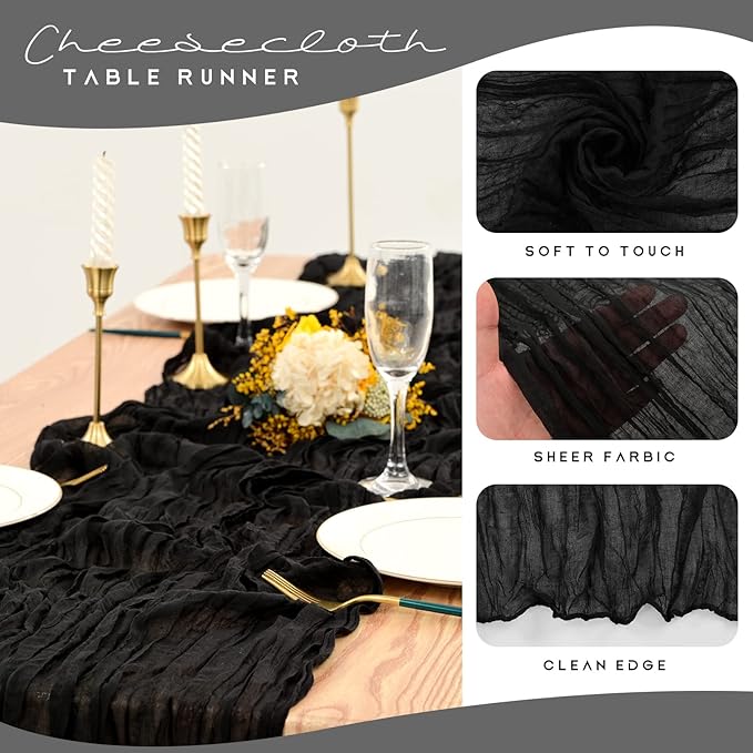 12 Pack Cheesecloth Table Runner 10FT, Boho Gauze Table Runner, Semi-Sheer Table Runners Rustic Wedding Table Decor, Bridal Shower, Birthday Party, Romantic Wedding Runner (Black)