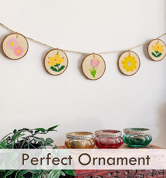 Unfinished Natural Wood Slices for Crafts - 30 Pcs Wood Slice Ornaments with Predrilled Hole & Twine String 3.1-3.5 Inch Round Wooden Circle Tree Slice for DIY Arts Craft Painting Gift Wedding Decor