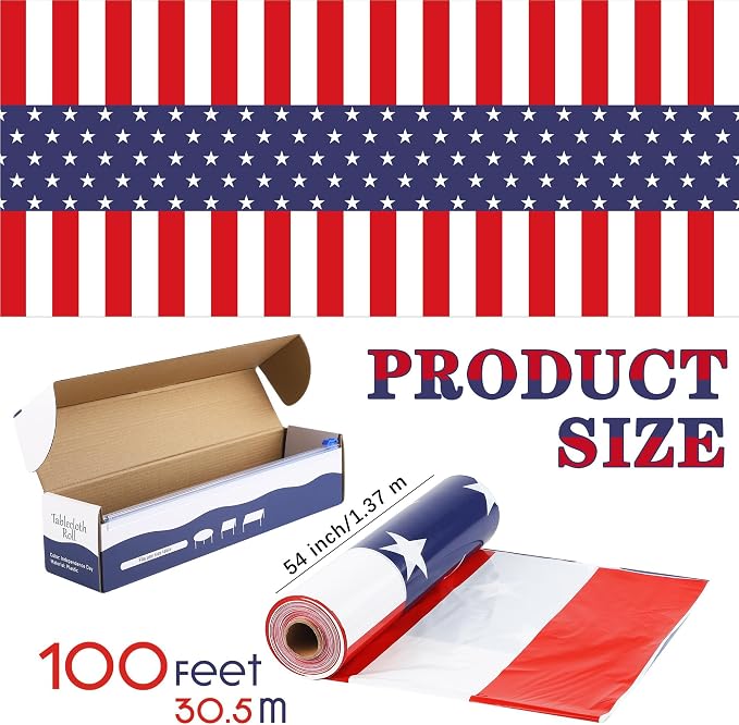 Kochorie 100 Ft x 54 Inch 4th of July Tablecloth Roll in Slide Cutter Box Disposable Plastic Table Cloths Cut to Size Independence Day Backdrop for Memorial Day Veterans Day Party Supplies