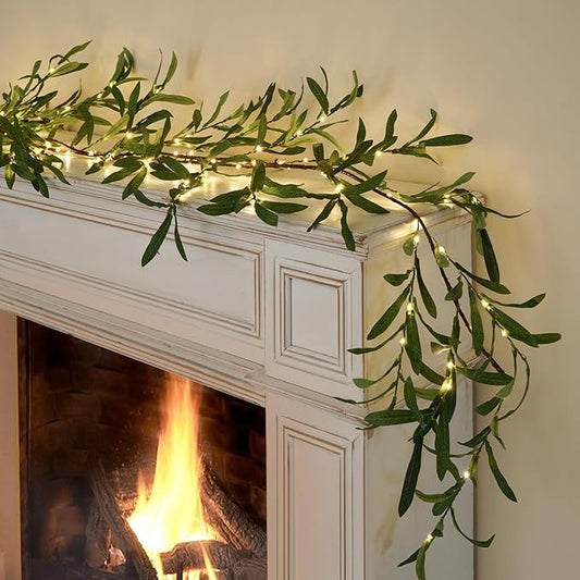 6FT Olive Garland with Lights with Timer Prelit Garland Fairy Lights Christmas Garland for Spring Holiday Fireplace Mantle Decoration Indoor Outdoor