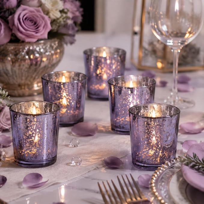 LETINE 36pcs Purple Votive Candle Holders – Glass Tea Light Candles Holder, Standard Votive Size for Regular Votive Candles– Bulk Candle Holder for Party Decoration, Bridal Shower, Home Decor